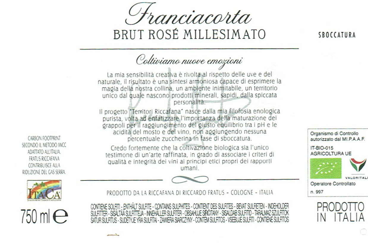 Riccafana Franciacorta DOCG Rosè Brut Millesimato Bio