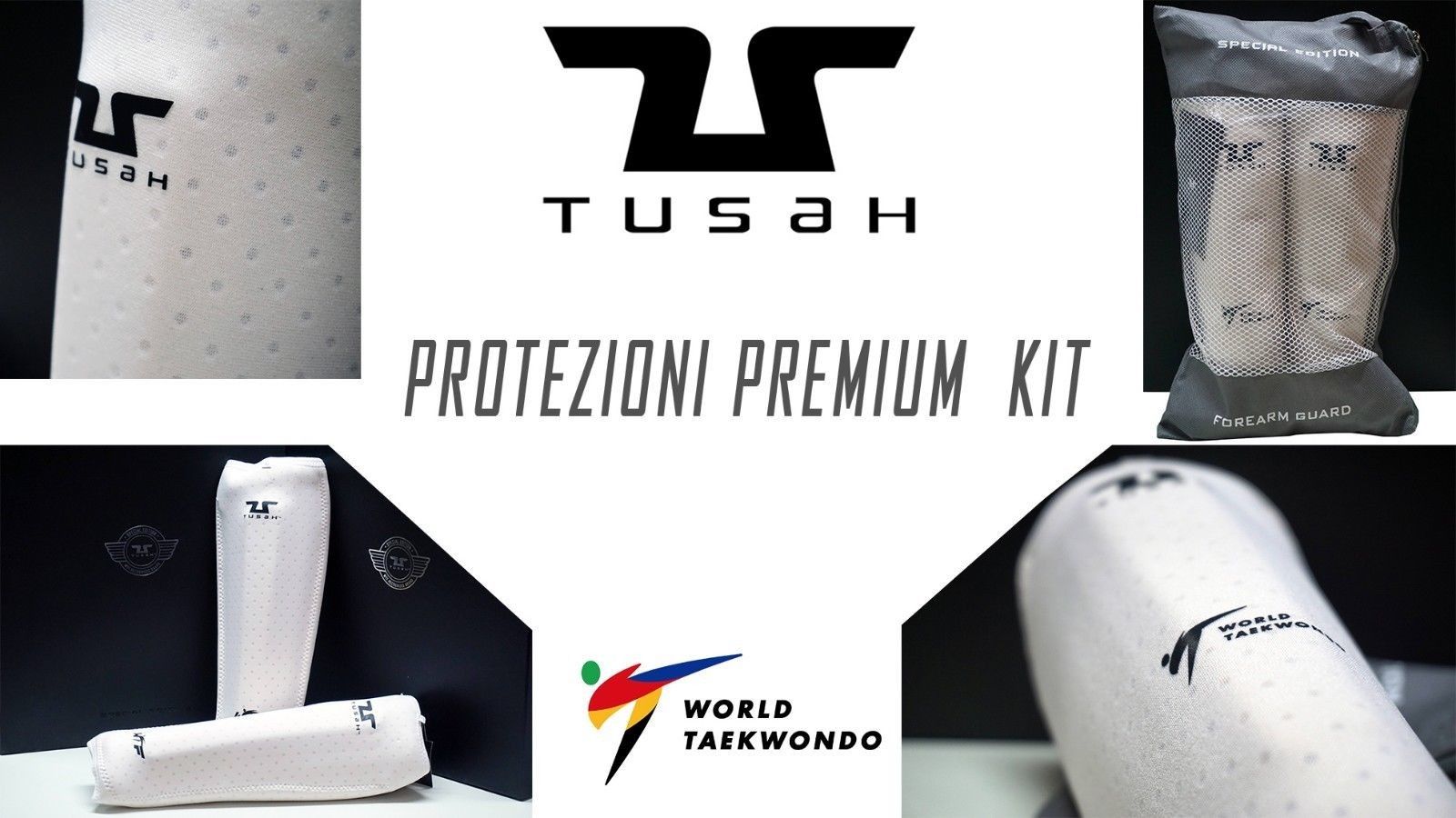 Kit Offerta Protezioni Premium Tusah per Taekwondo Omologato WT WTF Parabraccia Paratibia in Memory Foam