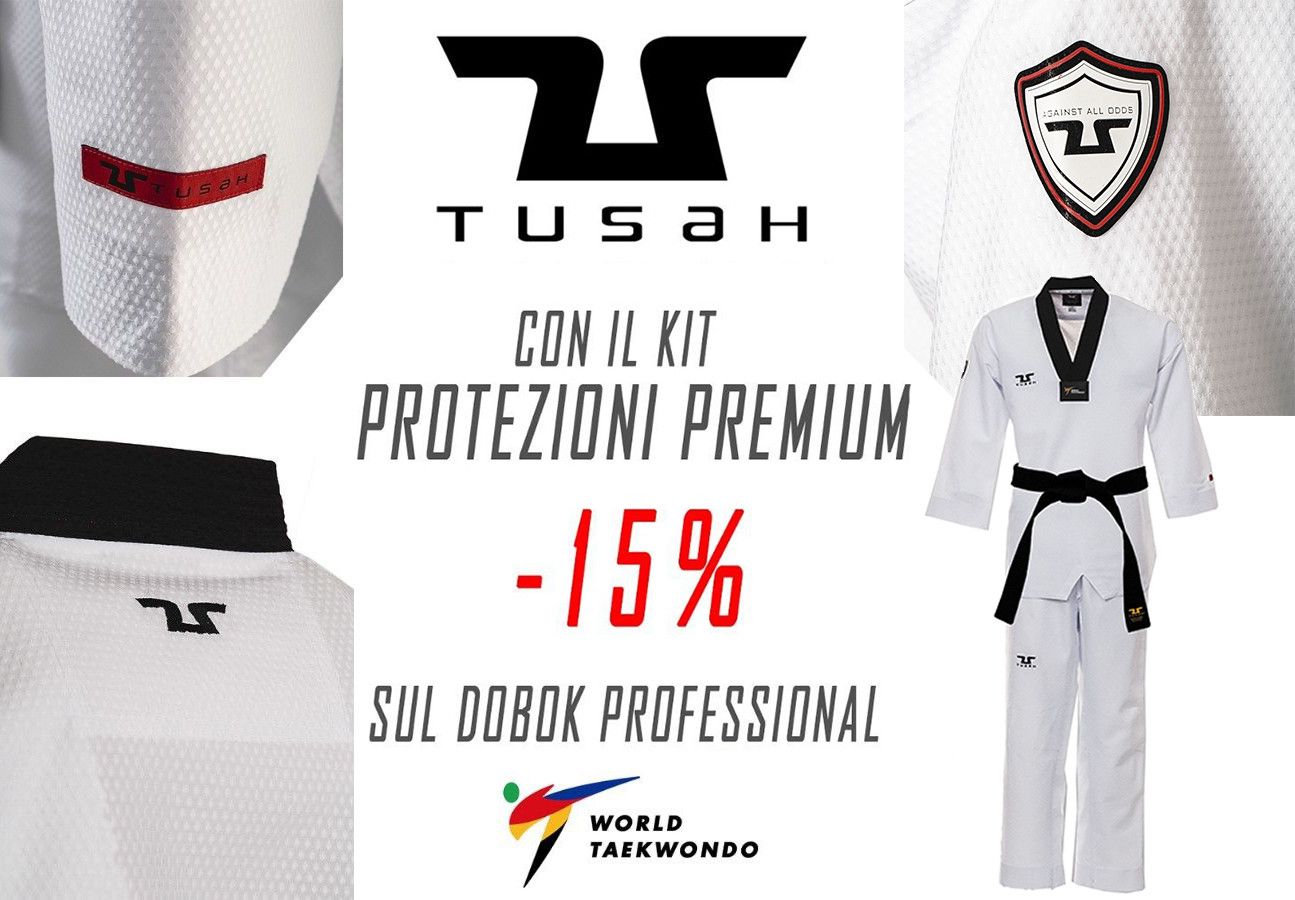 Kit Offerta Protezioni Premium Tusah per Taekwondo Omologato WT WTF Parabraccia Paratibia in Memory Foam