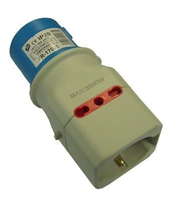 Adattatore industriale da spina 2P+T 16 A CEE blu a 2 presa 2P+T 16A + 1 Schuko