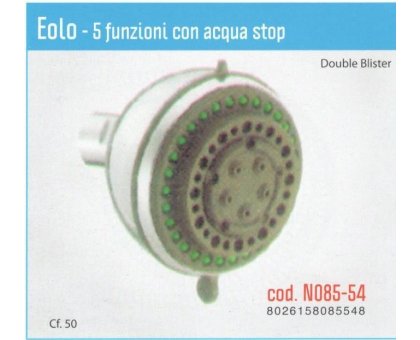 Soffione anticalcare a 5 getti con ACQUASTOP EOLO con snodo