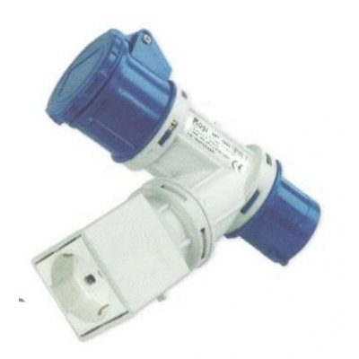 Adattatore spina CEE 2P+T con presa CEE e presa bipasso+schuko