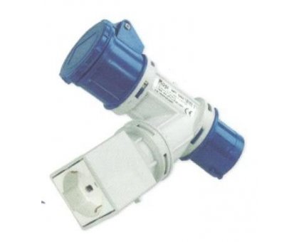 Adattatore spina CEE 2P+T con presa CEE e presa bipasso+schuko