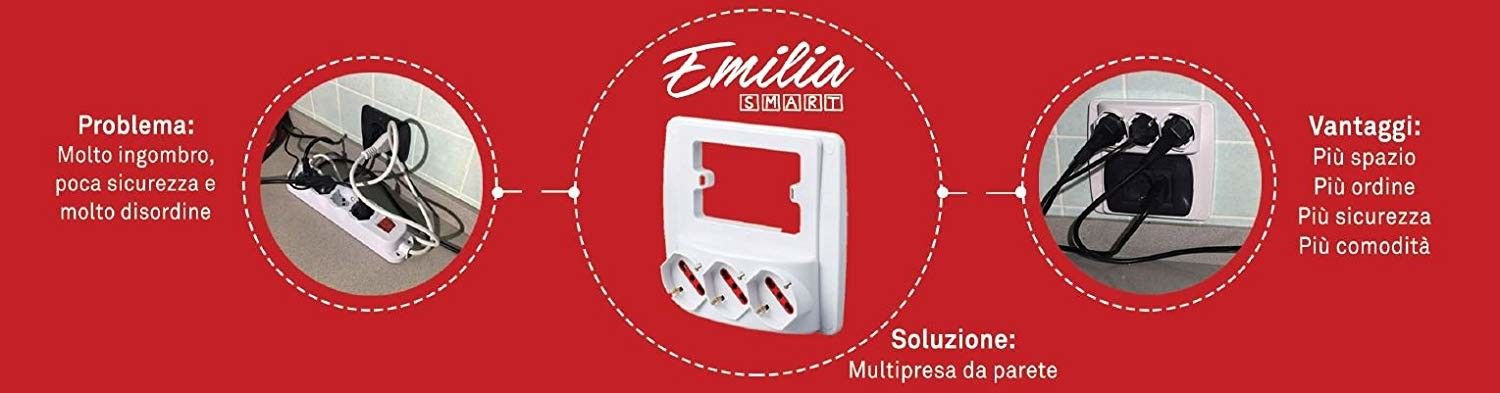 Presa multipla da parete Emilia Smart con prese bivalenti 10/16 A, compatibile con tutte le placche 3 Posti (3 prese schuko Bianca)