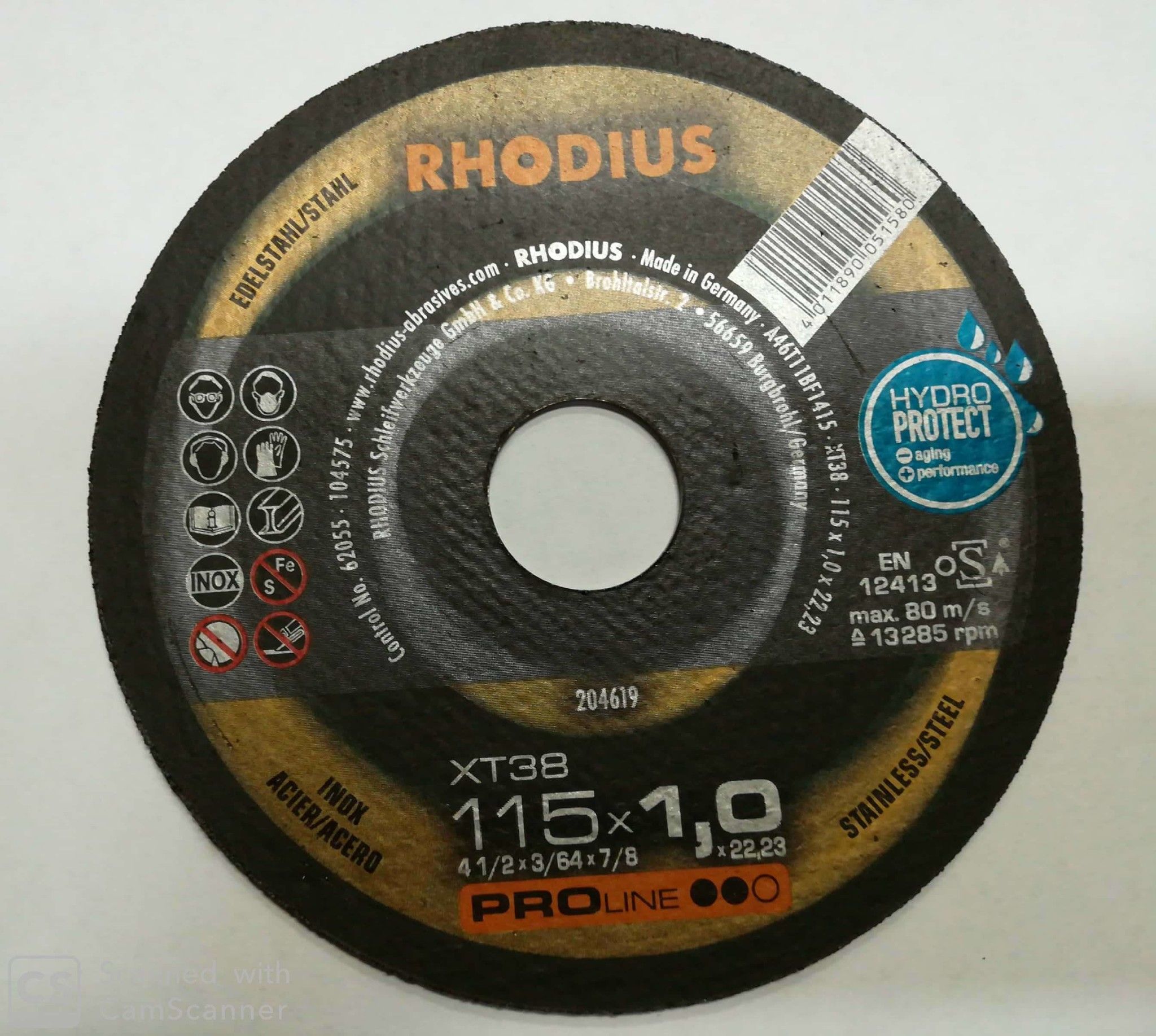 Disco RHODIUS XT38 per taglio inox Ø 115 x 1,0 mm foro 22,23