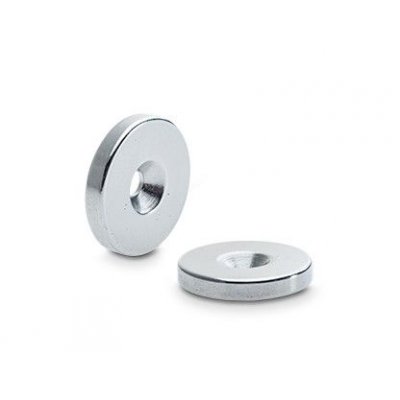 Calamita neodimio tonda mm 20 x 2 con foro svasato Ø mm 3,2 forza Kg 2,3