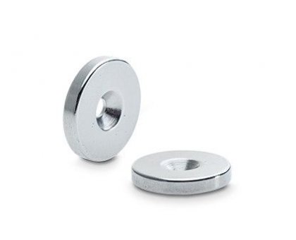 Calamita neodimio tonda mm 20 x 2 con foro svasato Ø mm 3,2 forza Kg 2,3