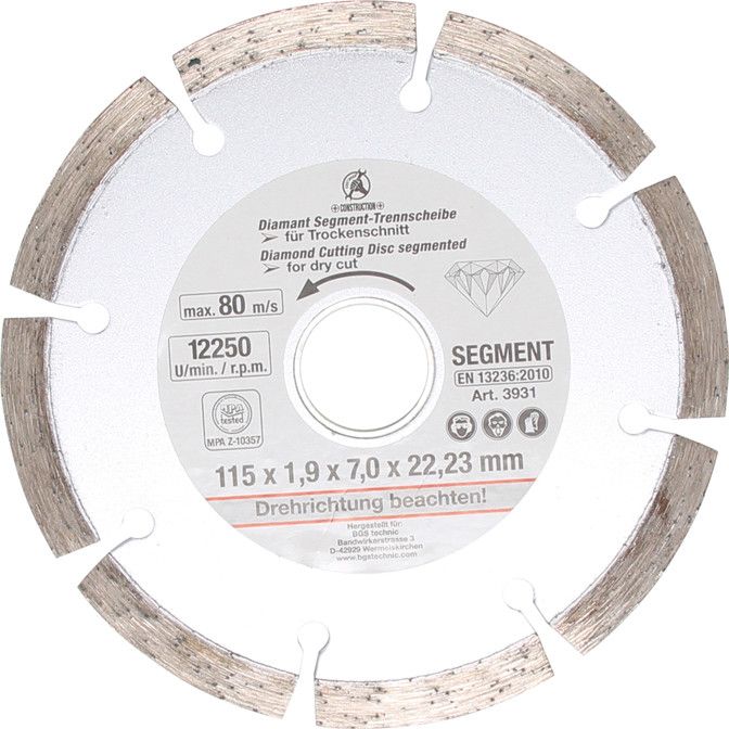 Disco diamantato corona segmentata Ø 115 mm foro 22.23 BGS 3931