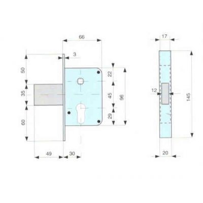Serratura MG 132300 per cancelli cil. sagomato scrocco acciaio con catenaccio