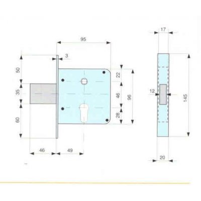 Serratura MG 133500 per cancelli cil. sagomato scrocco acciaio con catenaccio