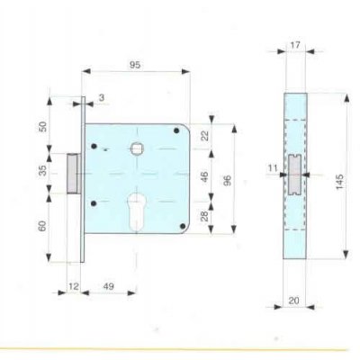 Serratura MG 133501 per cancelli cil. sagomato scrocco ottone con catenaccio