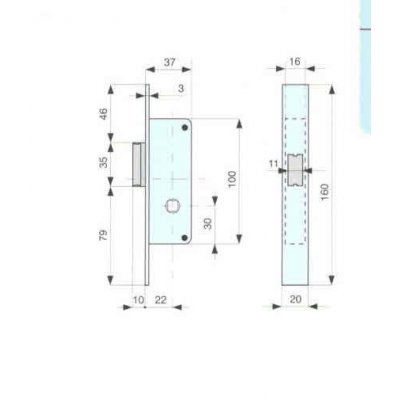 Serratura MG 921220 da infilare per montanti solo scrocco in ottone quadro mm 8