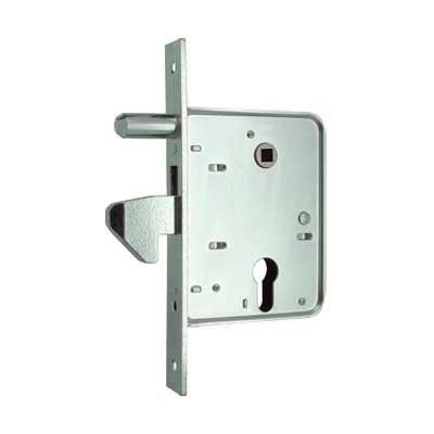 Serratura MG 566580 da infilare a gancio sporgente per cancelli scorrevoli con cilindro sagomato tipo Yale