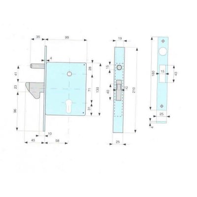 Serratura MG 566580 da infilare a gancio sporgente per cancelli scorrevoli con cilindro sagomato tipo Yale