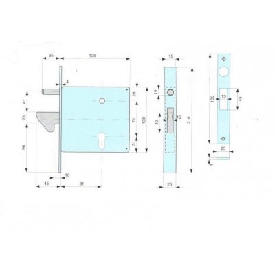 Serratura MG 568810 da infilare a gancio sporgente per cancelli scorrevoli con cilindro sagomato tipo Yale
