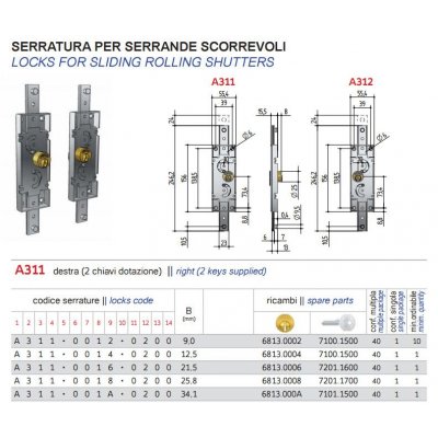 Serratura PREFER A311 Dx per serrande scorrevoli con cilindro tondo in ottone