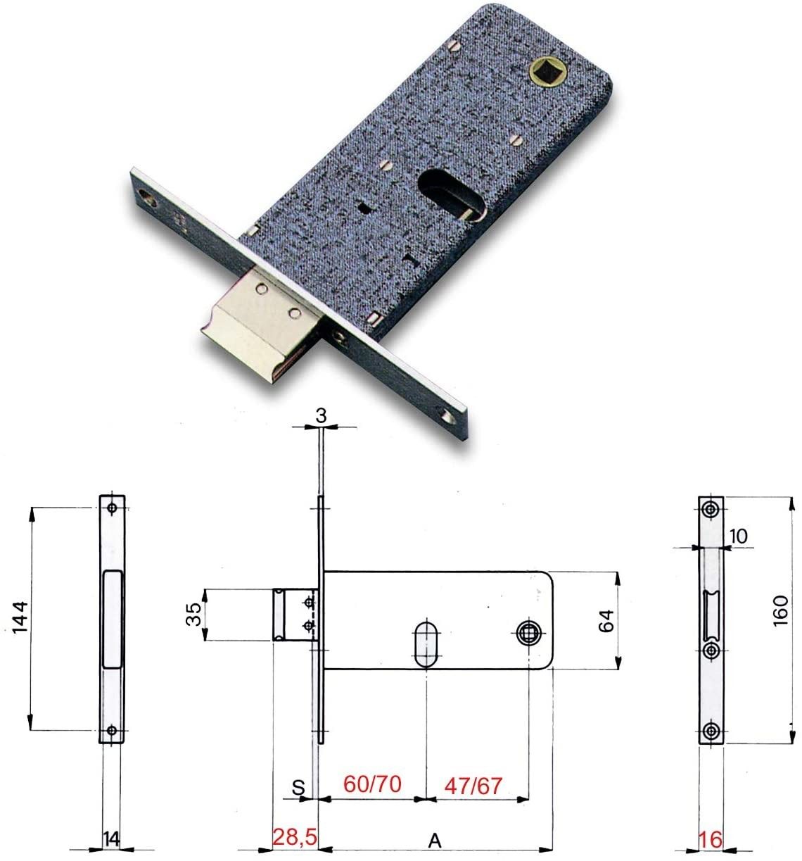 Serratura OMEC 380 a fascia da infilare foro per cilindro ovale e. 60 mm