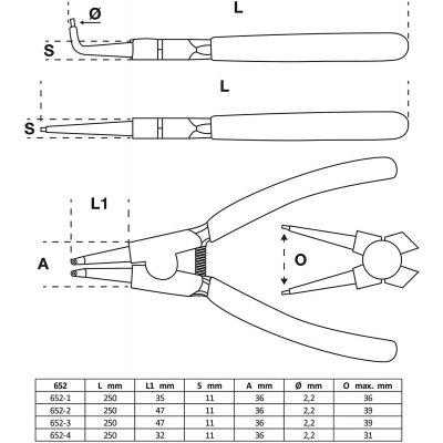 Set 4 pz pinze per anelli elastici seeger in custodia l. 250 mm BGS 652