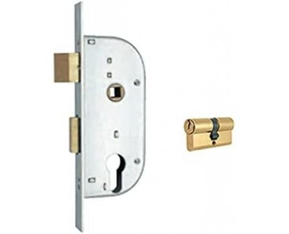 Serratura MG 148320 per cancelli cil. sagomato scrocco+catenaccio ottone