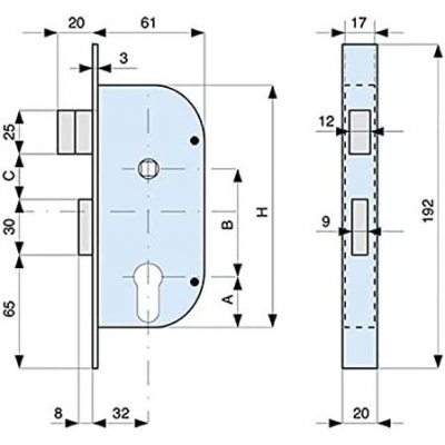 Serratura MG 148320 per cancelli cil. sagomato scrocco+catenaccio ottone