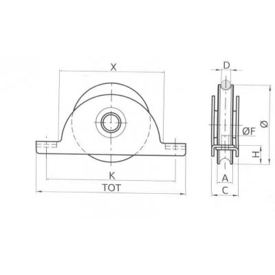 Ruota gola tonda d. mm 120 con supporto interno a 1 cuscinetto gola mm 16 per cancelli scorrevoli