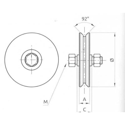 Ruota gola V d. mm 90 a 1 cuscinetto per cancelli scorrevoli