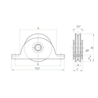 Ruota gola V d. mm 120 con supporto interno a 1 cuscinetto per cancelli scorrevoli