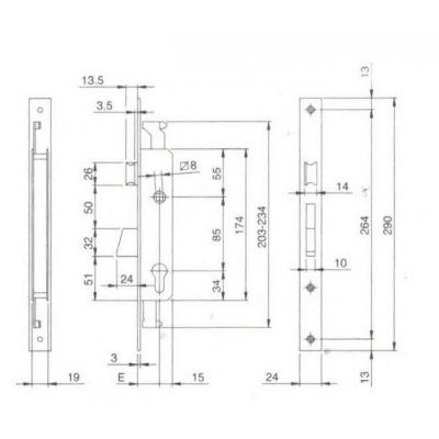 Serratura per montanti ISEO 783251B chiusura triplice con scrocco e mandata basculante
