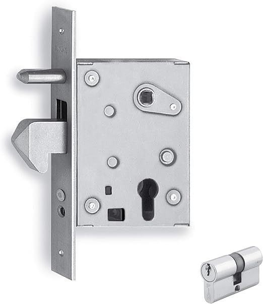 Serratura per cancelli scorrevoli ISEO 77QL in acciaio INOX entrata mm 60 con gancio sporgente