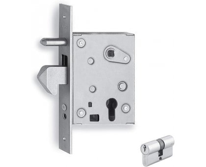Serratura per cancelli scorrevoli ISEO 77QL in acciaio INOX entrata mm 60 con gancio sporgente