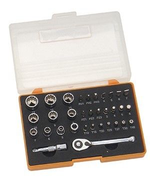 Set 33 pz cricchetto e bussole multimpronta attacco 1/4" in cassetta FERMEC BIT33