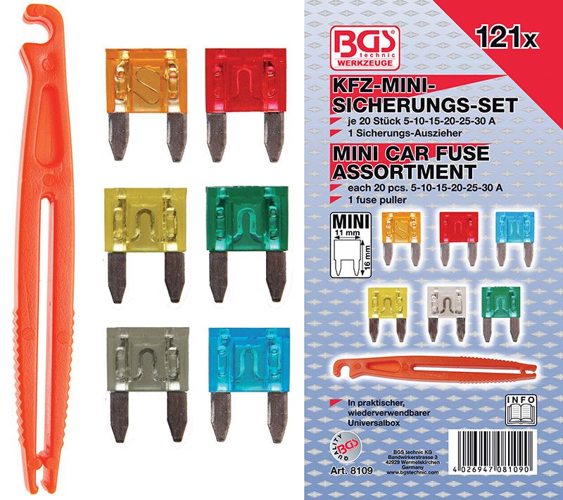 Assortimento 121 mini fusibili per auto BGS 8109