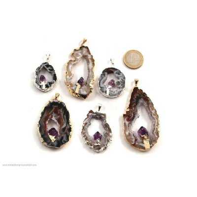 Ciondolo in agata con cristallo di ametista - argento / oro