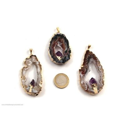 Ciondolo in agata con cristallo di ametista - argento / oro