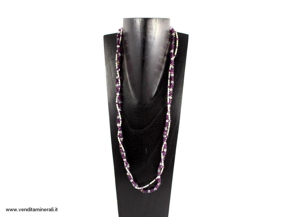 Collana di ametista - cristallo di rocca - perla coltivata d'acqua dolce