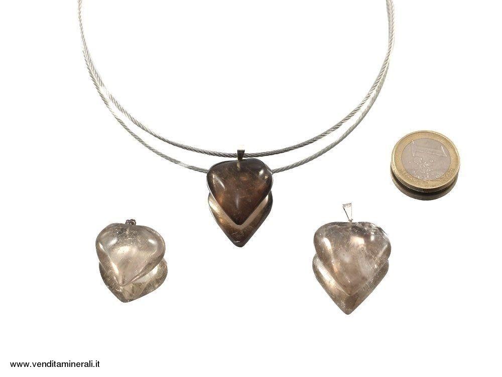 Pendente a cuore al quarzo fumé argentato - 1 pezzo