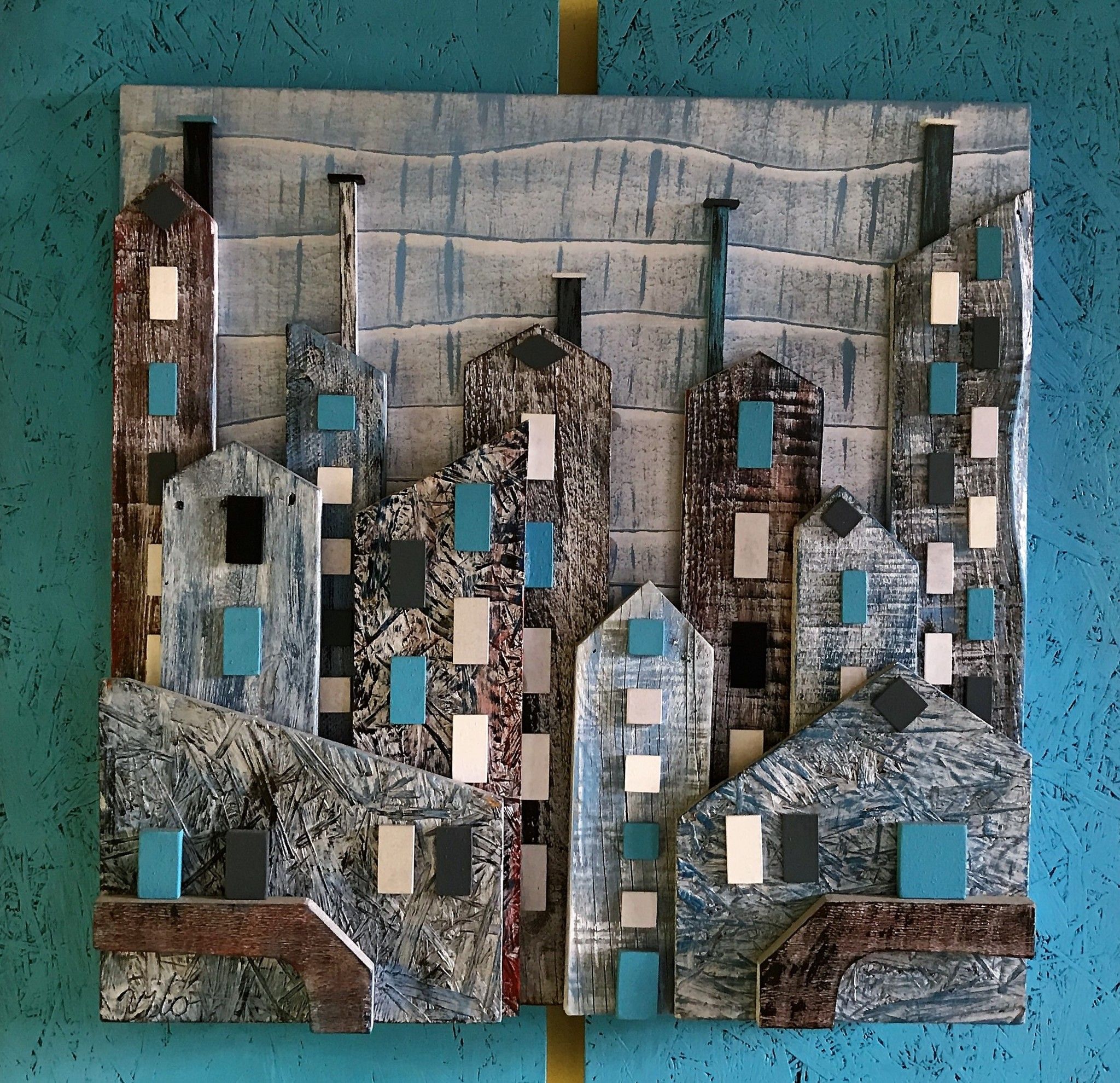 OPERA D'ARTE PAESAGGIO NOTTURNO IN LEGNO MASSELLO