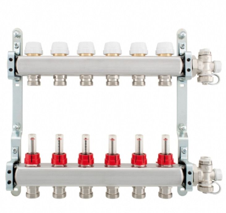 COLL,in INOX c/FLUSSOMETRO - Valvola di sfiato - Rubinetto carico/scarico - 1" x 3/4"  6vie