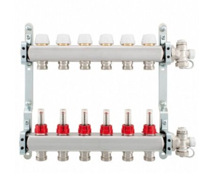 COLL,in INOX c/FLUSSOMETRO - Valvola di sfiato - Rubinetto carico/scarico - 1" x 3/4" 13vie