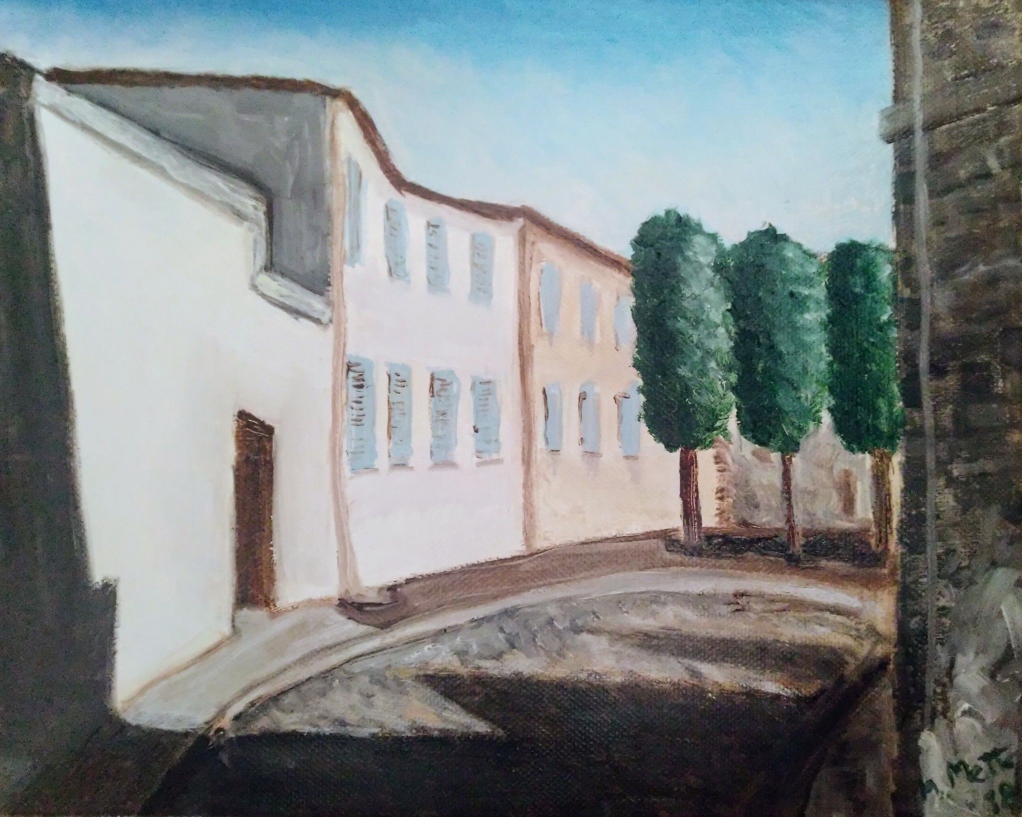 OLIO SU TELA MARCO METTO ' SUNDAY MORNING IN ROQUESFORT '  dimensioni L 30 x H 24 cm.