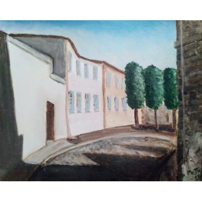 OLIO SU TELA MARCO METTO ' SUNDAY MORNING IN ROQUESFORT ' dimensioni L 30 x H 24 cm.