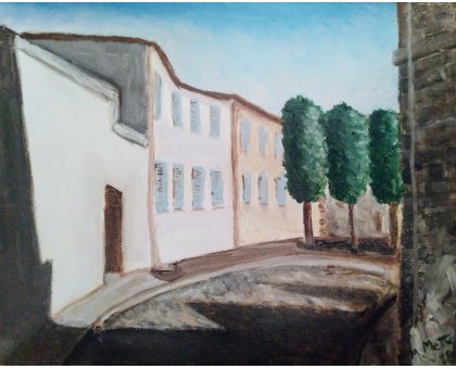 OLIO SU TELA MARCO METTO ' SUNDAY MORNING IN ROQUESFORT ' dimensioni L 30 x H 24 cm.