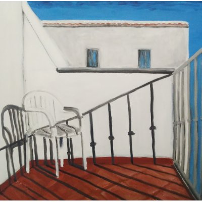 ACRILICO SU TELA MARCO METTO ' IL BALCONE DI VALENTINA ' dimensioni L 70 x H 70 cm.