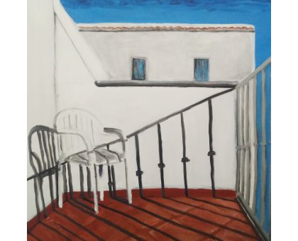 ACRILICO SU TELA MARCO METTO ' IL BALCONE DI VALENTINA ' dimensioni L 70 x H 70 cm.