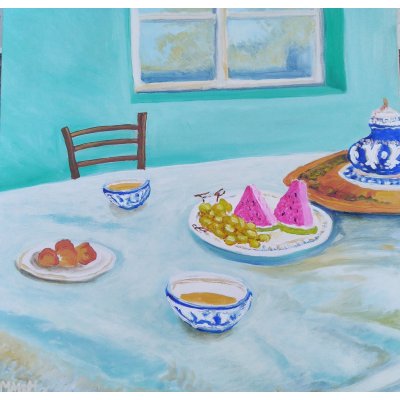 OLIO SU TELA MARCO METTO ' BREAKFAST IN BUKHARA ' dimensioni L 50 x H 50 cm.