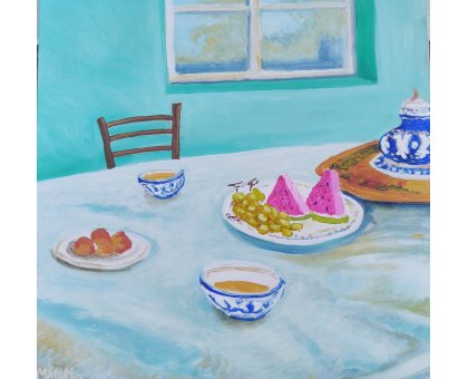 OLIO SU TELA MARCO METTO ' BREAKFAST IN BUKHARA ' dimensioni L 50 x H 50 cm.
