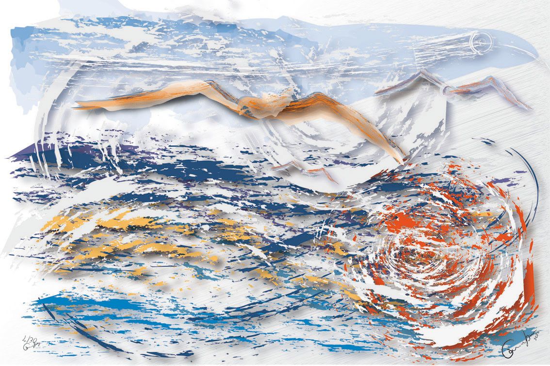 DIGITAL PAINTING  CAMILLO BUCCELLA ' THE MIGRANTS - LIKE NOMADS IN THE SKY '  dimensioni L 30 x H 20 cm.