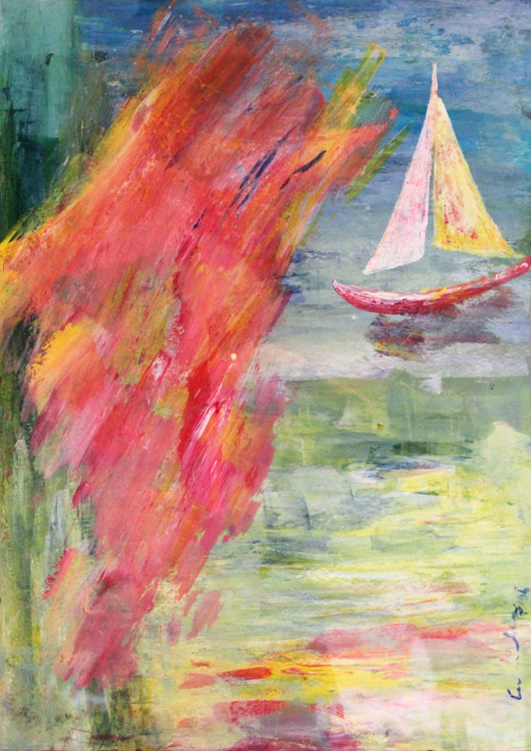 ACRILICO SU TAVOLA CAMILLO BUCCELLA ' VERDE Y MAR - RESPLANDOR DE LUZ EN EL CARIBE '  dimensioni L 50 x H 70 cm.
