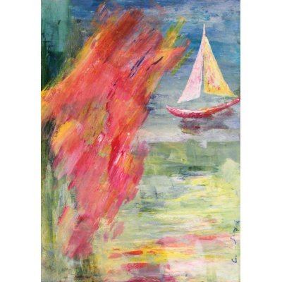 ACRILICO SU TAVOLA CAMILLO BUCCELLA ' VERDE Y MAR - RESPLANDOR DE LUZ EN EL CARIBE ' dimensioni L 50 x H 70 cm.