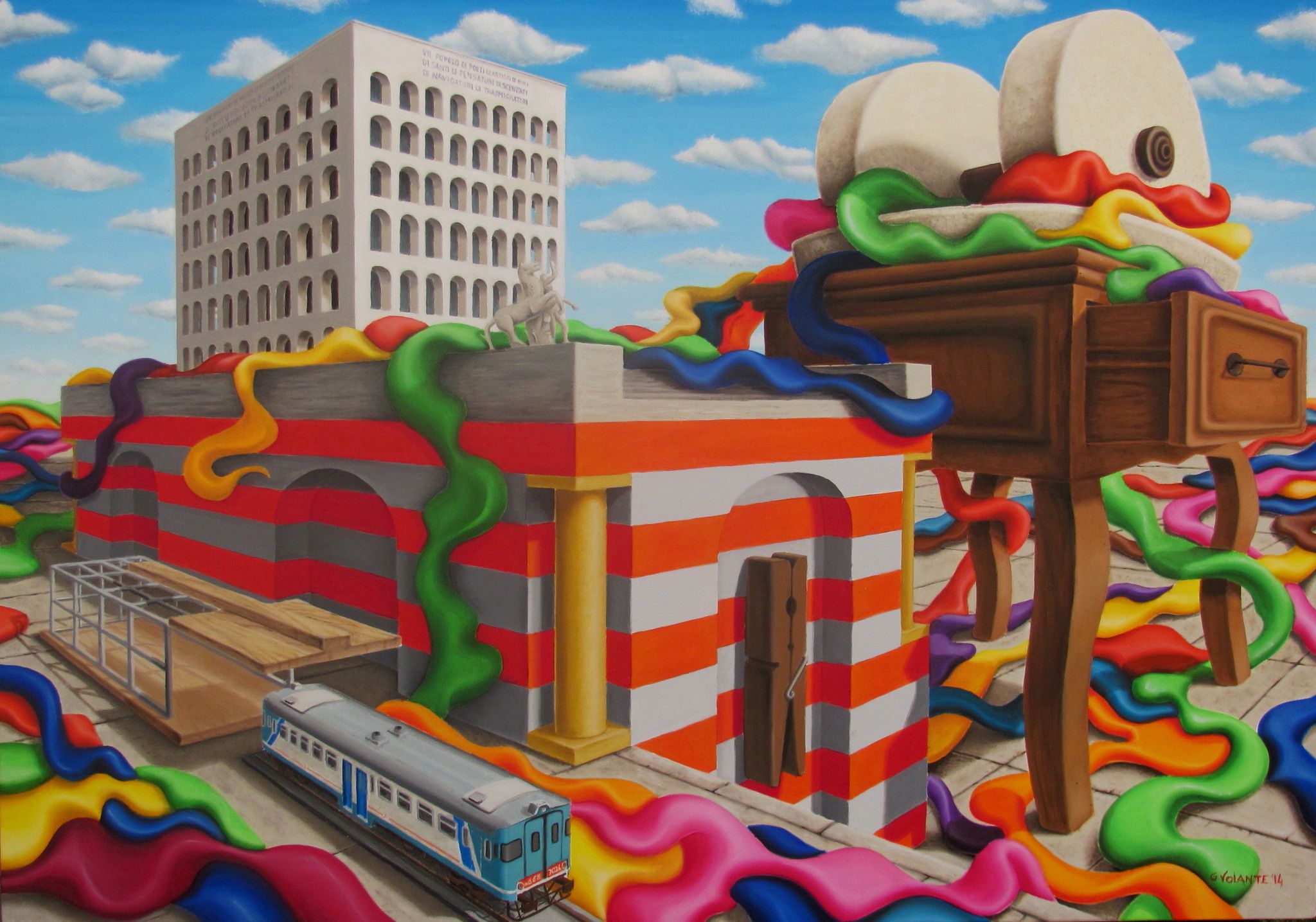 OLIO SU TELA GIUSEPPE VOLANTE ' LA CITTA' CHE SALE '  dimensioni L 100 x H 70 cm.